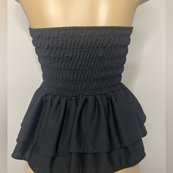 Zara Black Strapless Smocked Peplum Top | Bandeau Tiered Ruffle Tube Top | Med - Picture 3 of 5